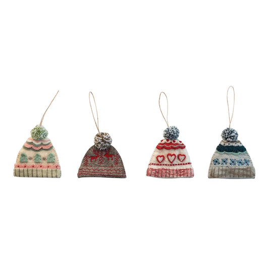 Handmade Wool Felt Hat Shaped Ornament with Embroidery, 4 Styles