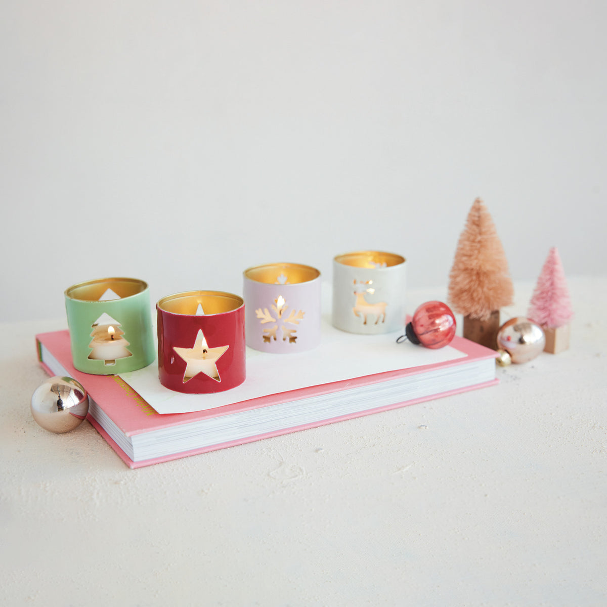 Enameled Metal Tealight Holder with Holiday Icon