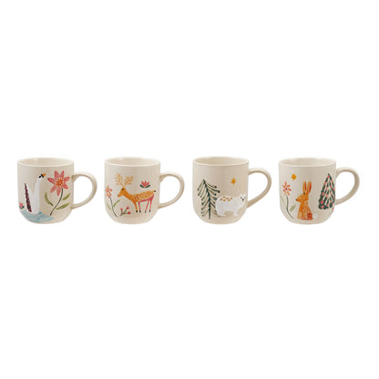 12 oz. Hand-Painted Stoneware Mug with Wax Relief Animal & Seasonal Botanicals, 4 Styles