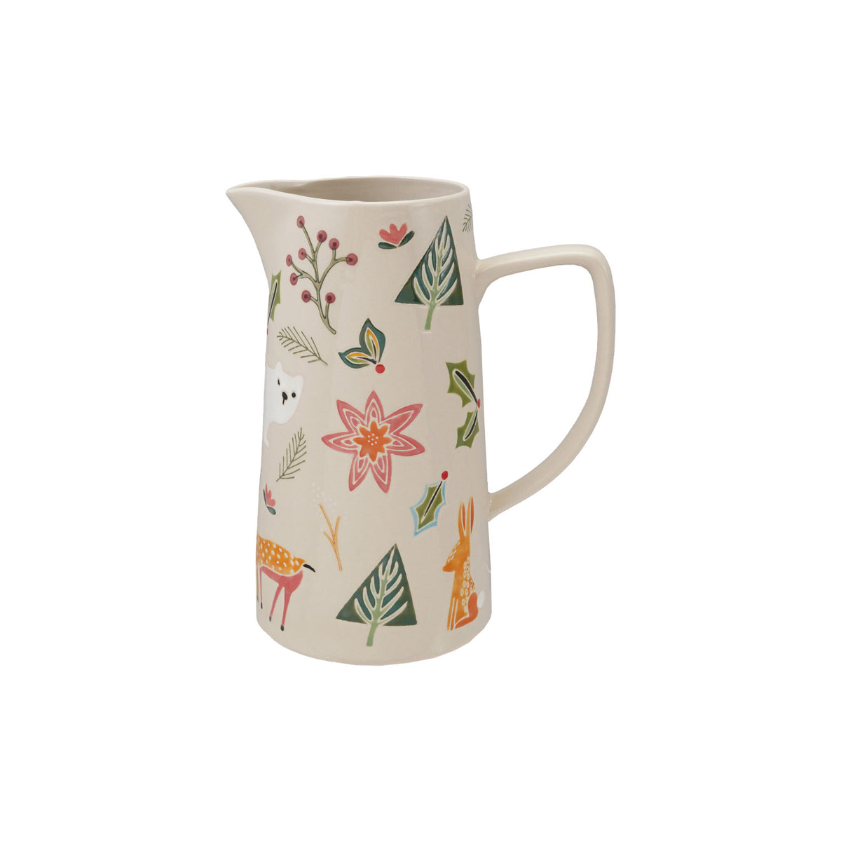 2 Quart Hand-Painted Stoneware Pitcher with Wax Relief Animals & Seasonal Botanicals ©