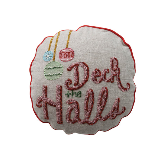 16" Round Linen Printed Pillow with Beads, Piping & Cotton Back "Deck The Halls"