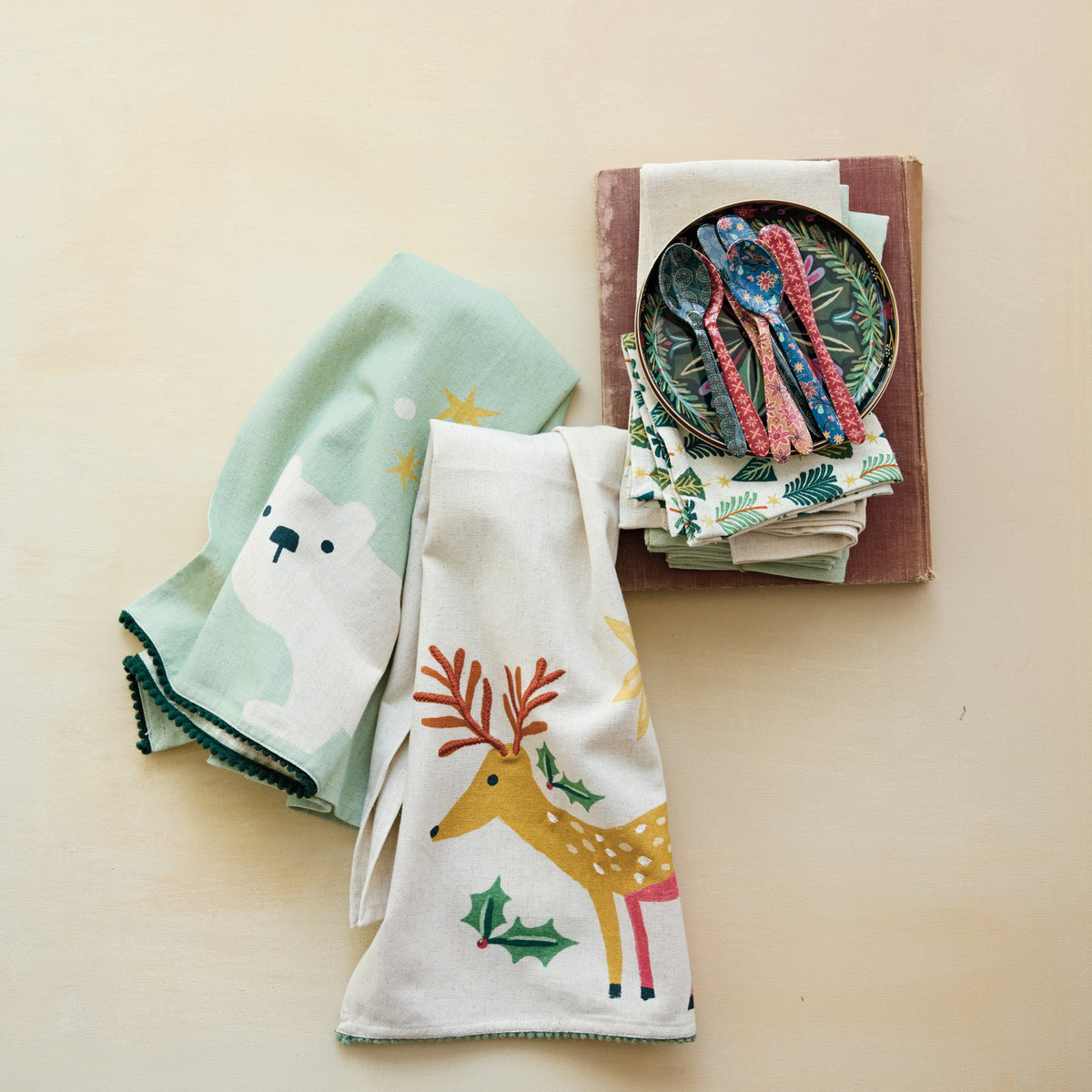 Cotton & Linen Printed Tea Towel with Embroidery & Mini Pom Pom Trim