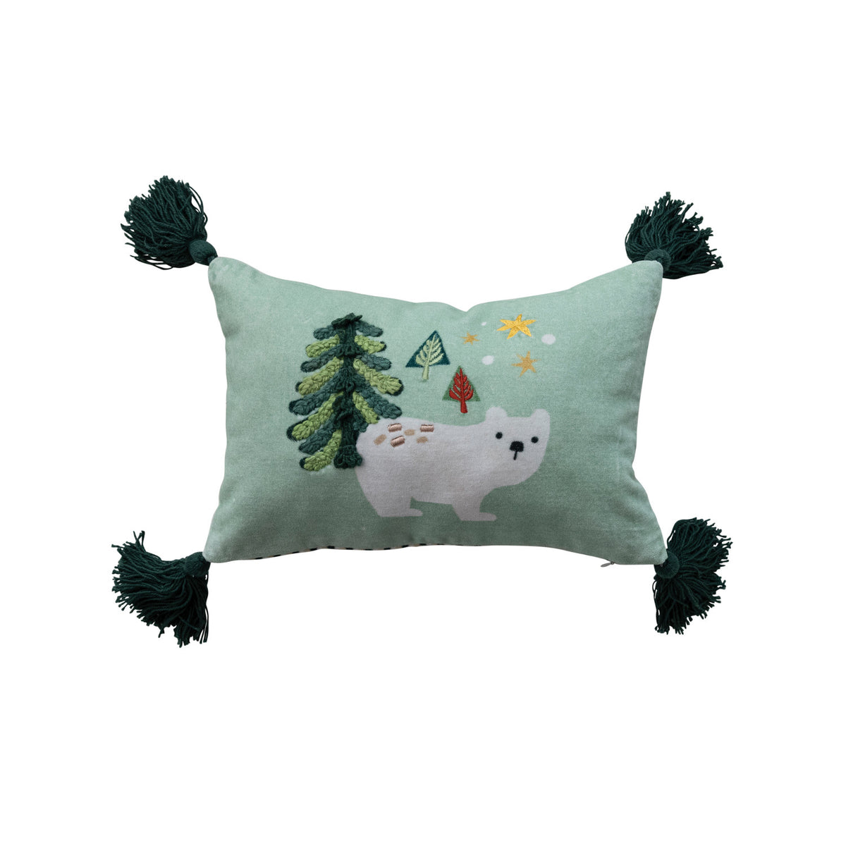 Cotton Printed Lumbar Pillow with Embroidery, Tassels & Striped Back ©
