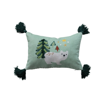 Cotton Printed Lumbar Pillow with Embroidery, Tassels & Striped Back ©