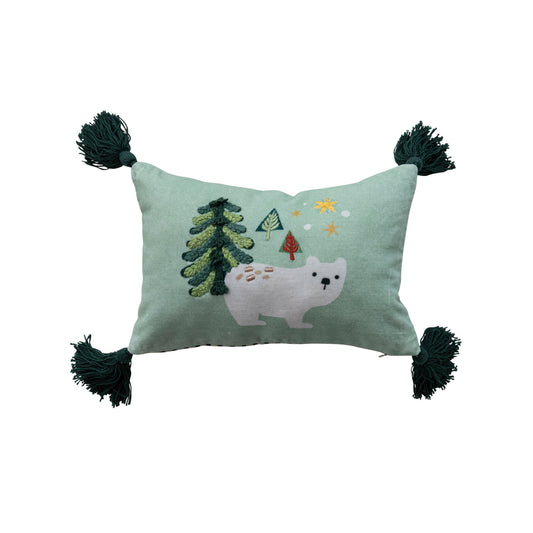 Cotton Printed Lumbar Pillow with Embroidery, Tassels & Striped Back ©