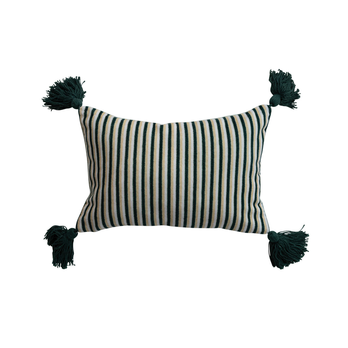 Cotton Printed Lumbar Pillow with Embroidery, Tassels & Striped Back ©
