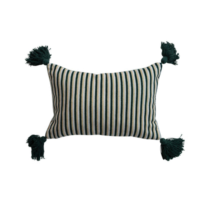 Cotton Printed Lumbar Pillow with Embroidery, Tassels & Striped Back ©