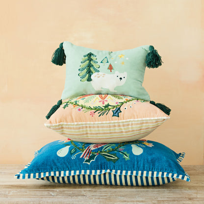 Cotton Printed Lumbar Pillow with Embroidery, Tassels & Striped Back ©