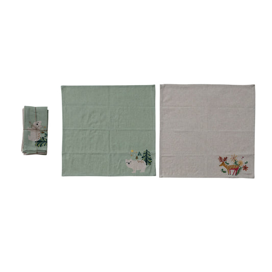 Cotton & Linen Printed Napkins with Animal & Seasonal Botanicals, Set of 4 Tied with Jute ©