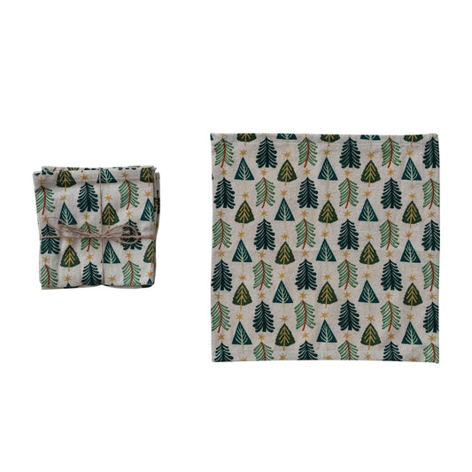 Cotton & Linen Printed Cocktail Napkins with Tree Pattern, Set of 4 Tied with Jute ©