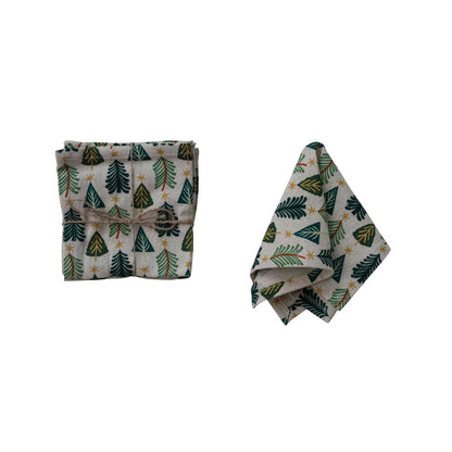 Cotton & Linen Printed Cocktail Napkins with Tree Pattern, Set of 4 Tied with Jute ©