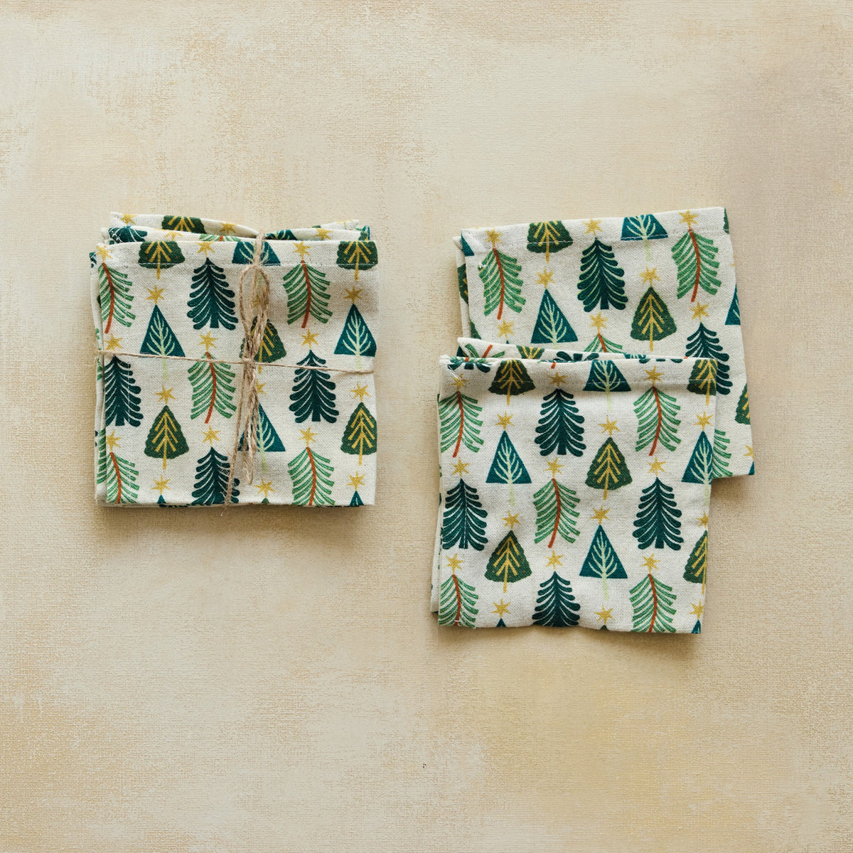 Cotton & Linen Printed Cocktail Napkins with Tree Pattern, Set of 4 Tied with Jute ©