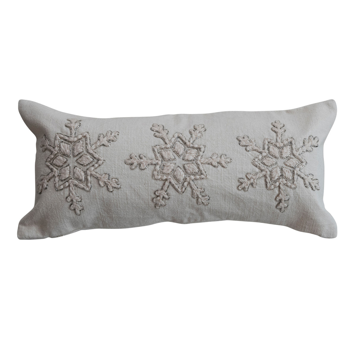 Cotton Lumbar Pillow with Snowflakes, Embroidery & Beads, Natural & Silver Finish