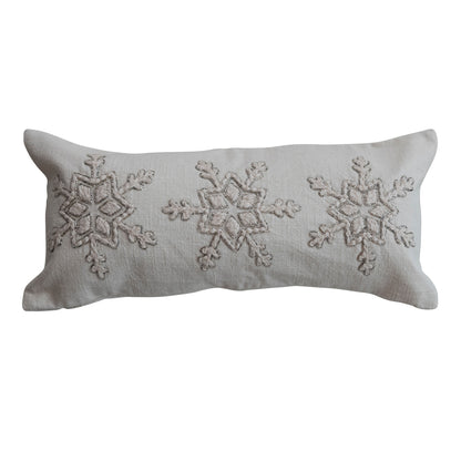 Cotton Lumbar Pillow with Snowflakes, Embroidery & Beads, Natural & Silver Finish