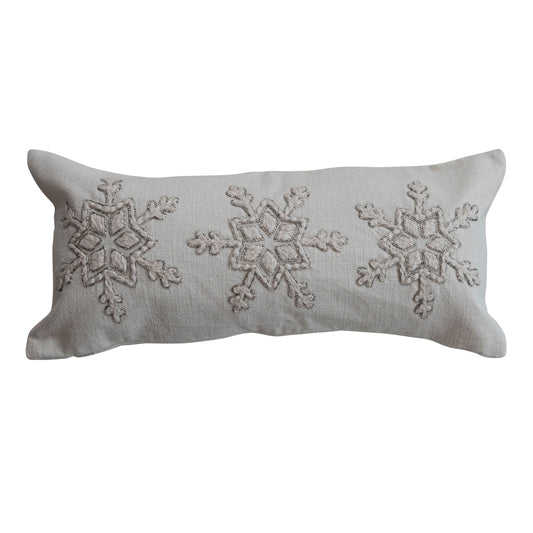 Cotton Lumbar Pillow with Snowflakes, Embroidery & Beads, Natural & Silver Finish