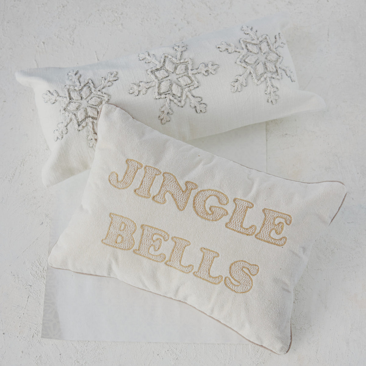 Cotton Lumbar Pillow with Snowflakes, Embroidery & Beads, Natural & Silver Finish