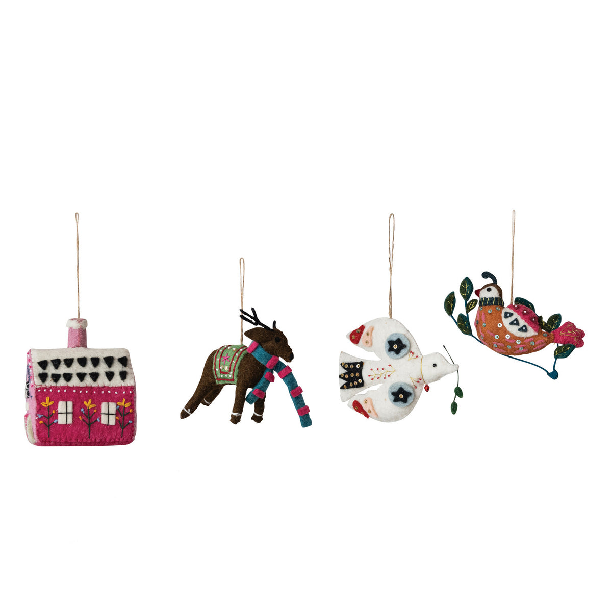 Handmade Wool Felt Animal/Cottage Ornament with Embroidery, Sequins & Beads, 4 Styles