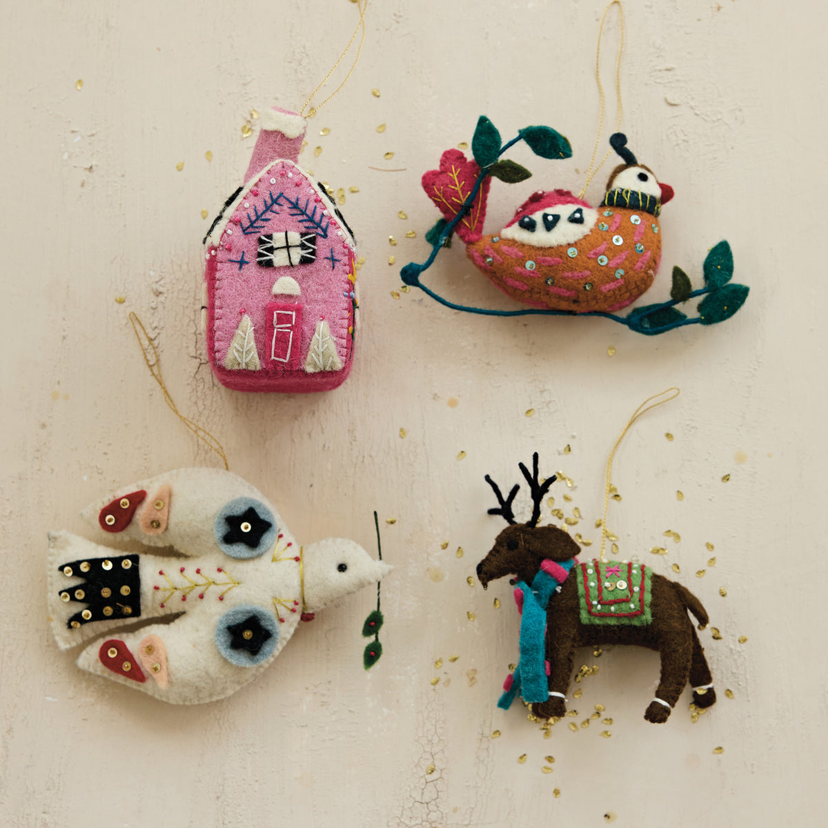 Handmade Wool Felt Animal/Cottage Ornament with Embroidery, Sequins & Beads, 4 Styles