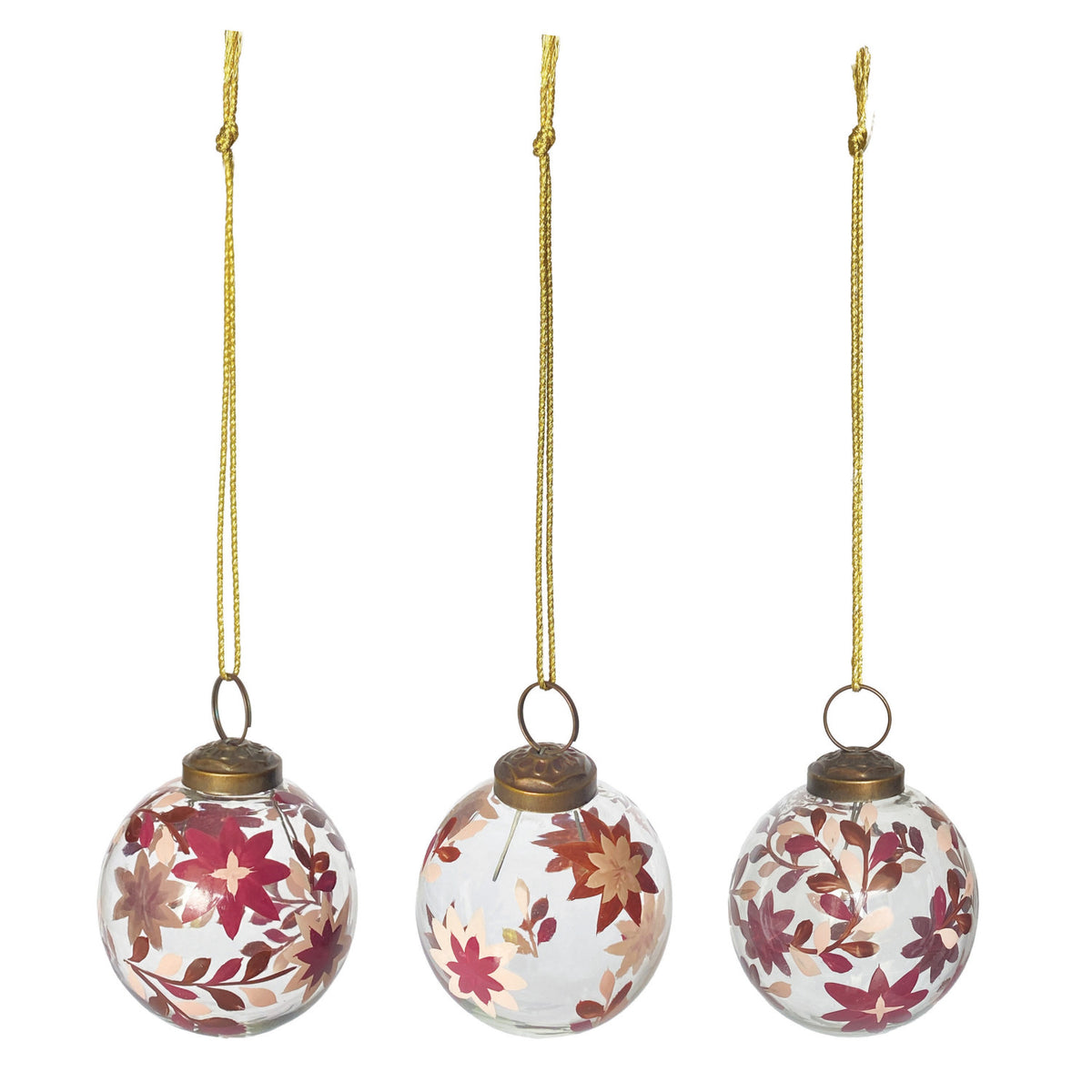 Hand-Painted Glass Ball Ornament with Poinsettia Design, Light Pink, Dark Pink, 3 Styles