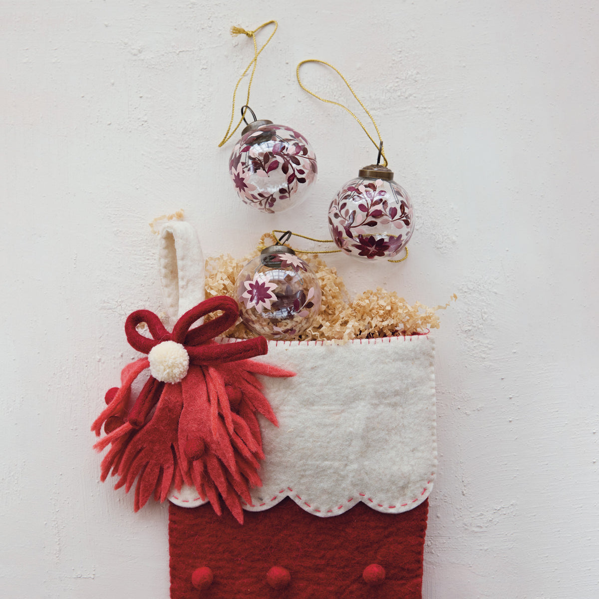 Hand-Painted Glass Ball Ornament with Poinsettia Design, Light Pink, Dark Pink, 3 Styles