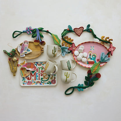 Stoneware Platter with Botanicals & Owl "Very Merry"