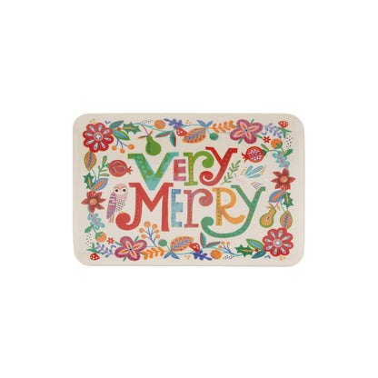 Stoneware Platter with Botanicals & Owl "Very Merry"