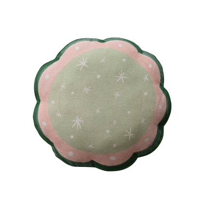 18" Round Cotton & Linen Scalloped Printed Pillow with Embroidery, Beads & Pom Pom Trim