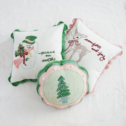 18" Round Cotton & Linen Scalloped Printed Pillow with Embroidery, Beads & Pom Pom Trim