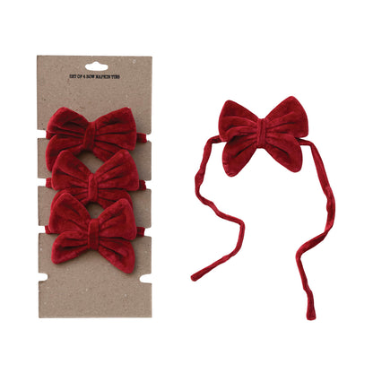 Cotton Velvet Bow Napkin Ties, Red, Set of 4 on Card