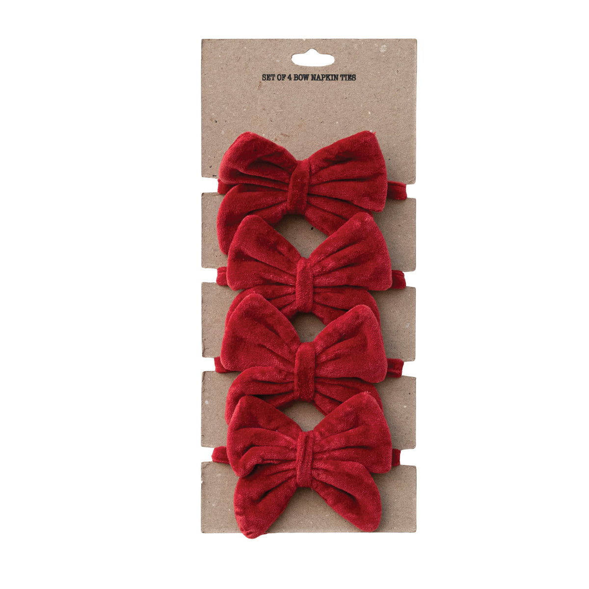 Cotton Velvet Bow Napkin Ties, Red, Set of 4 on Card