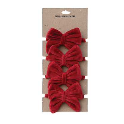 Cotton Velvet Bow Napkin Ties, Red, Set of 4 on Card