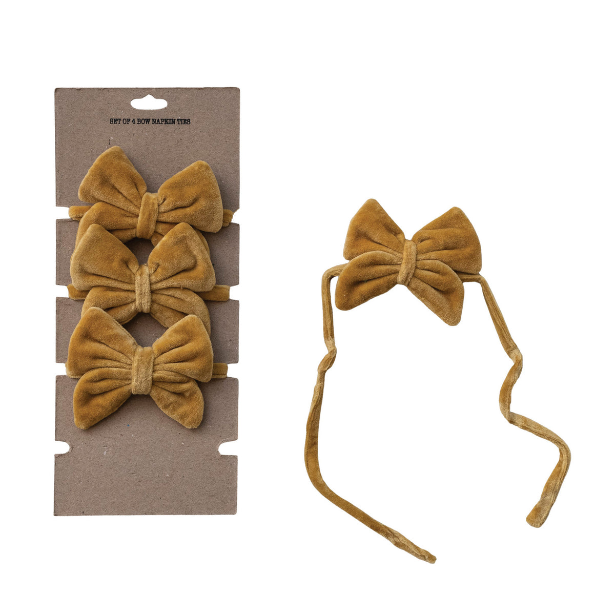 Cotton Velvet Bow Napkin Ties, Mustard Color, Set of 4 on Card