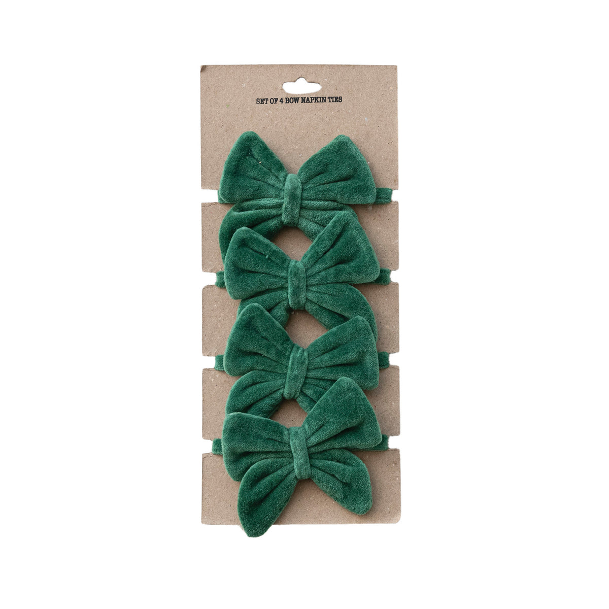 Cotton Velvet Bow Napkin Ties, Green, Set of 4 on Card