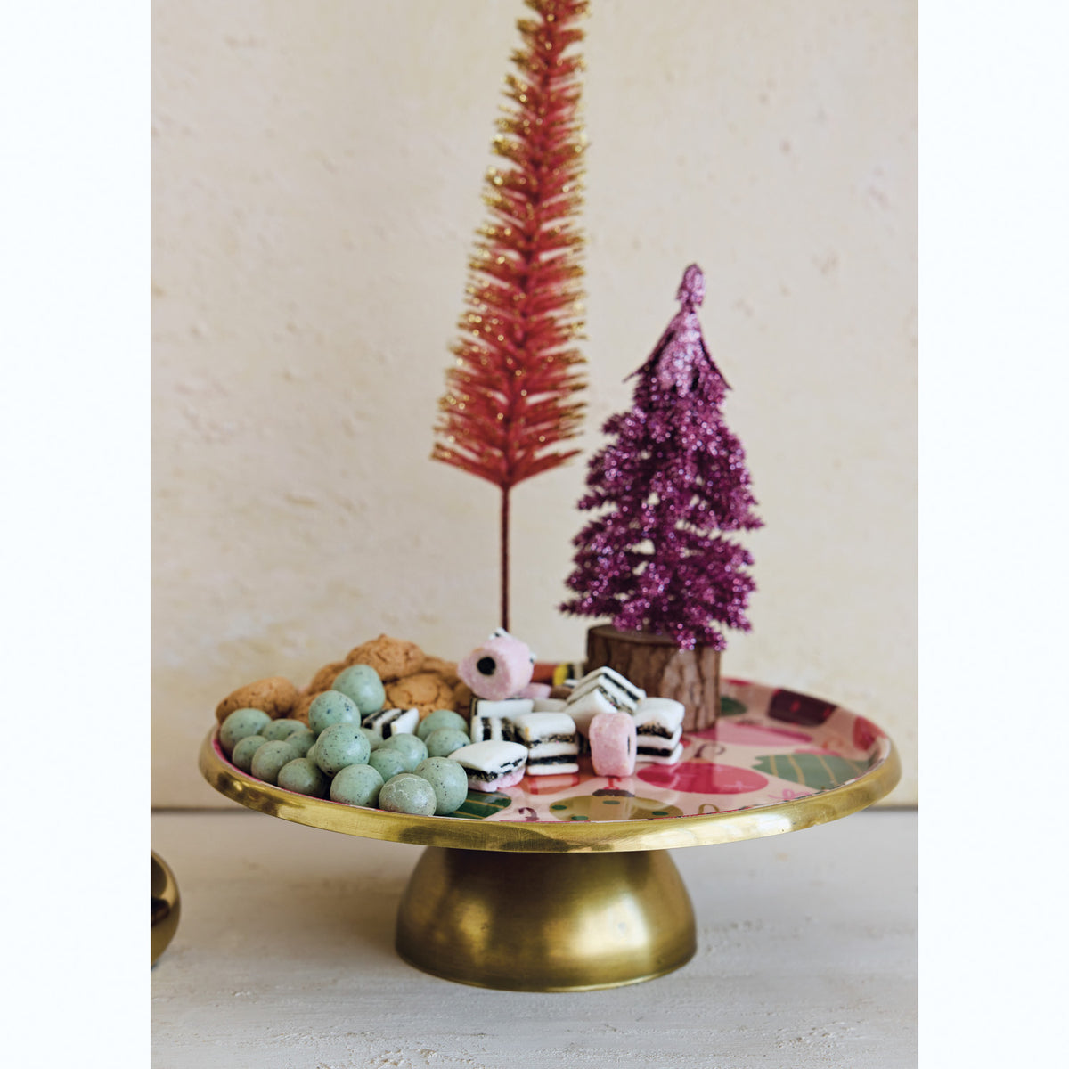 Enameled Metal Pedestal with Ornaments Pattern & Gold Finish