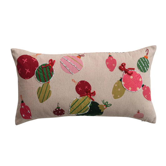 Cotton & Linen Printed Lumbar Pillow with Velvet Bows, Beads & Floral Patterned Back