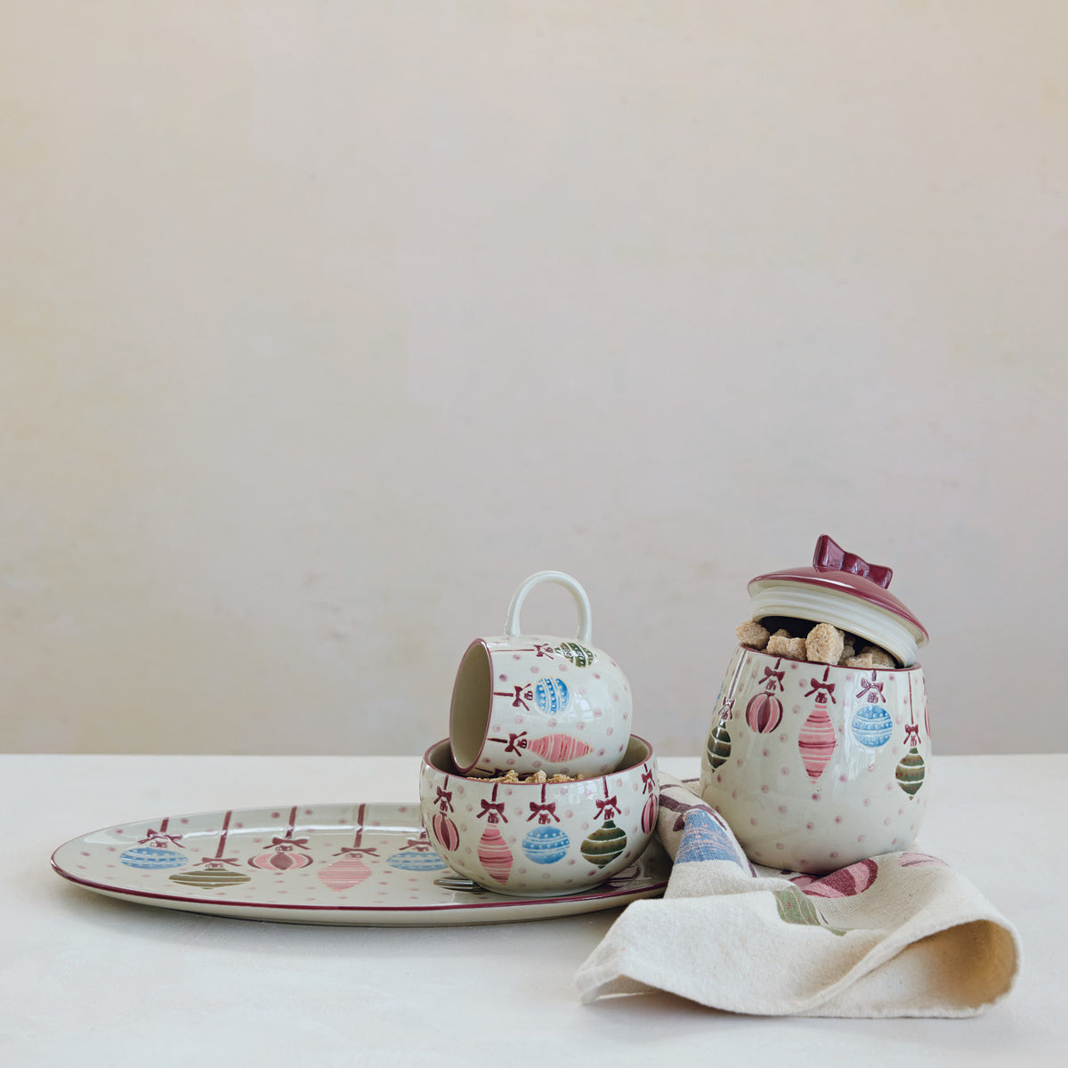 Hand-Painted Stoneware Platter with Wax Relief Ornaments & Dots