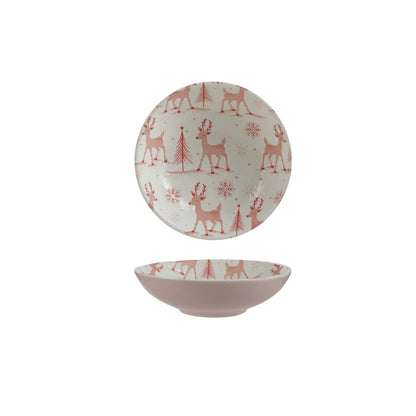 Stoneware Bowl with Reindeer, Trees & Snowflakes Pattern, White & Pink