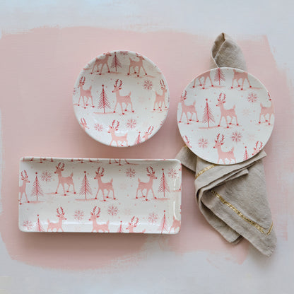 Stoneware Plate with Reindeer, Trees & Snowflakes Pattern, White & Pink