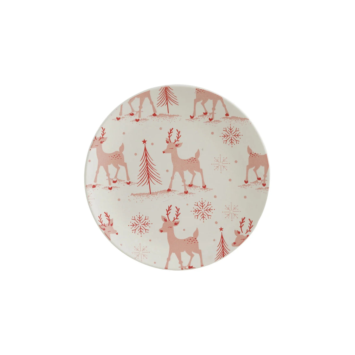 Stoneware Plate with Reindeer, Trees & Snowflakes Pattern, White & Pink