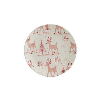 Stoneware Plate with Reindeer, Trees & Snowflakes Pattern, White & Pink