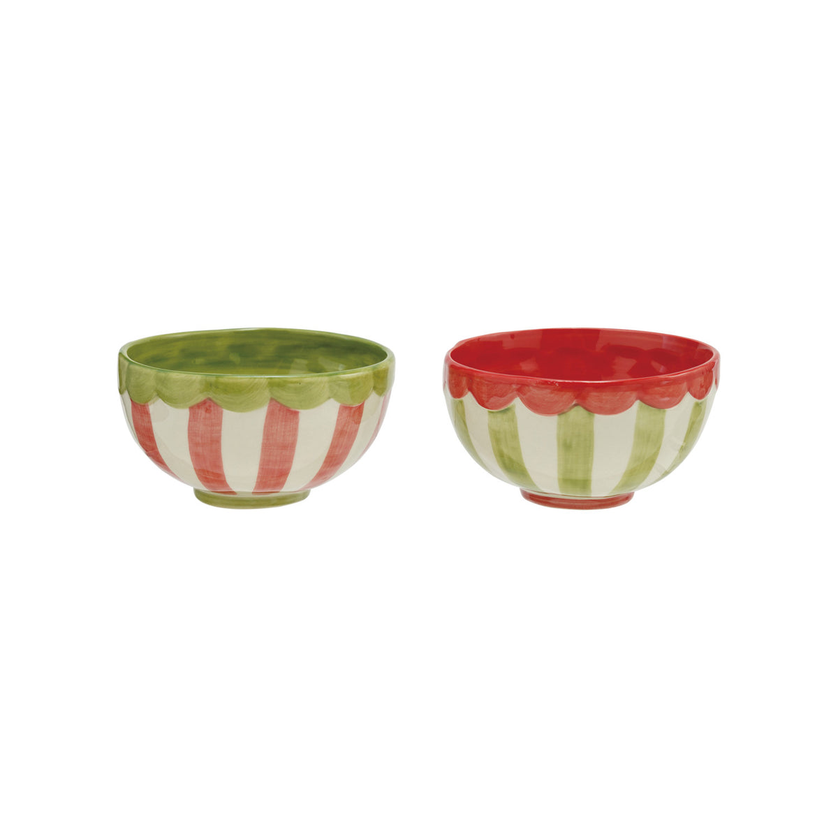 Hand-Painted Stoneware Striped Bowl with Scalloped Rim, 2 Colors
