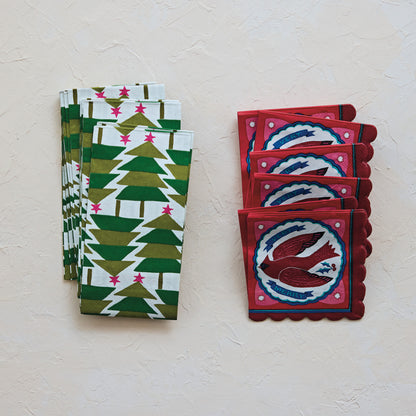 Paper Napkins with Tree Pattern, Green, White & Fuchsia Color (Contains 20 Folded Pieces) ©