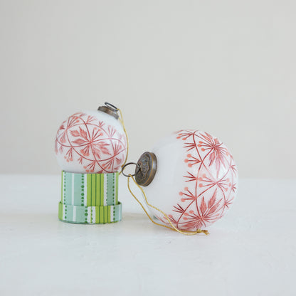 Hand-Blown Etched Glass Ball Ornament with Design, White & Red