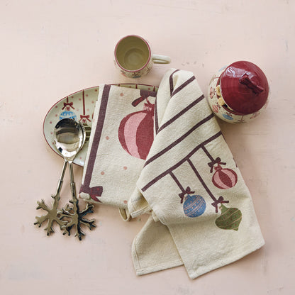 Woven Cotton Printed Tea Towel with Pattern & Ornaments, 2 Styles