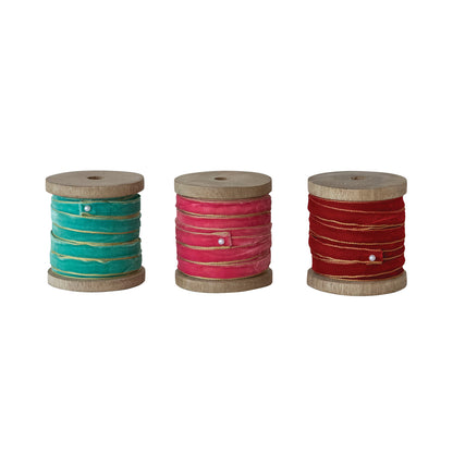 10 Yard 1/4"W Velvet Ribbon with Metallic Gold Edges on Wood Spool, 3 Colors
