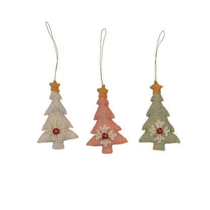 Handmade Wool Felt Tree Ornament with Star, Snowflake & Embroidery, 3 Colors