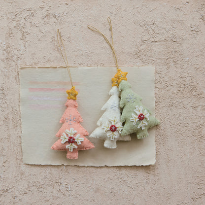 Handmade Wool Felt Tree Ornament with Star, Snowflake & Embroidery, 3 Colors