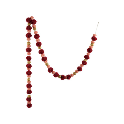 Fabric Pom Pom Garland, Gold Finish, Burgundy & Pink