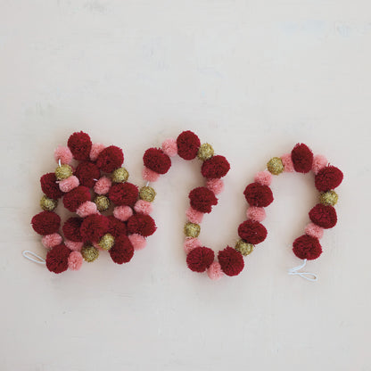 Fabric Pom Pom Garland, Gold Finish, Burgundy & Pink