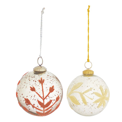 Mercury Glass Ball Ornament with Flocked Pattern, 2 Styles
